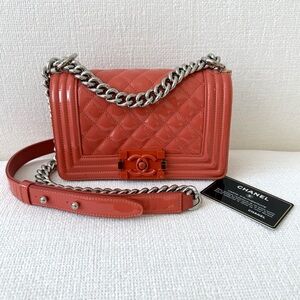 CHANEL Boy Patent Quilted Shoulder Bag in Coral